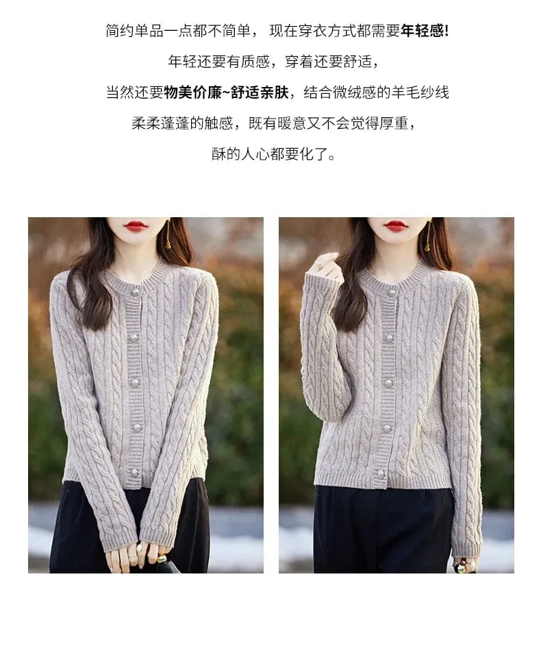 Women's wool cashmere  round neck twist thick long sleeve Sweater loose