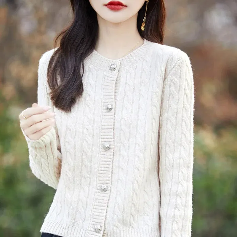 Women's wool cashmere  round neck twist thick long sleeve Sweater loose