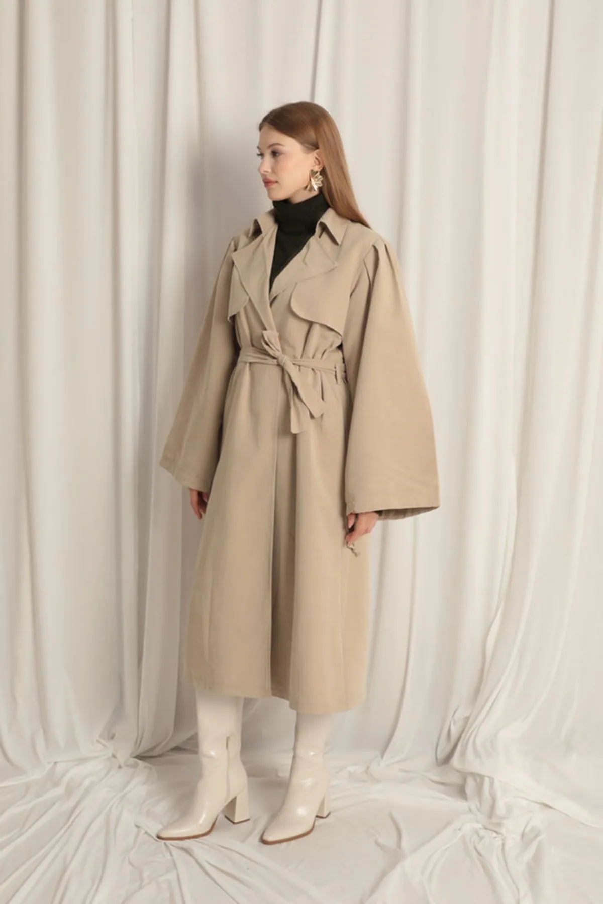 Woven Fabric Liquid Proof Women's Stone Trench Coat