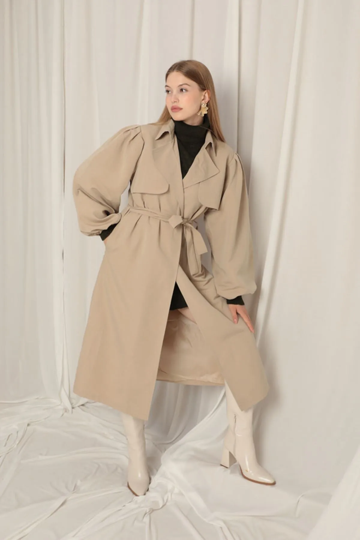 Woven Fabric Liquid Proof Women's Stone Trench Coat