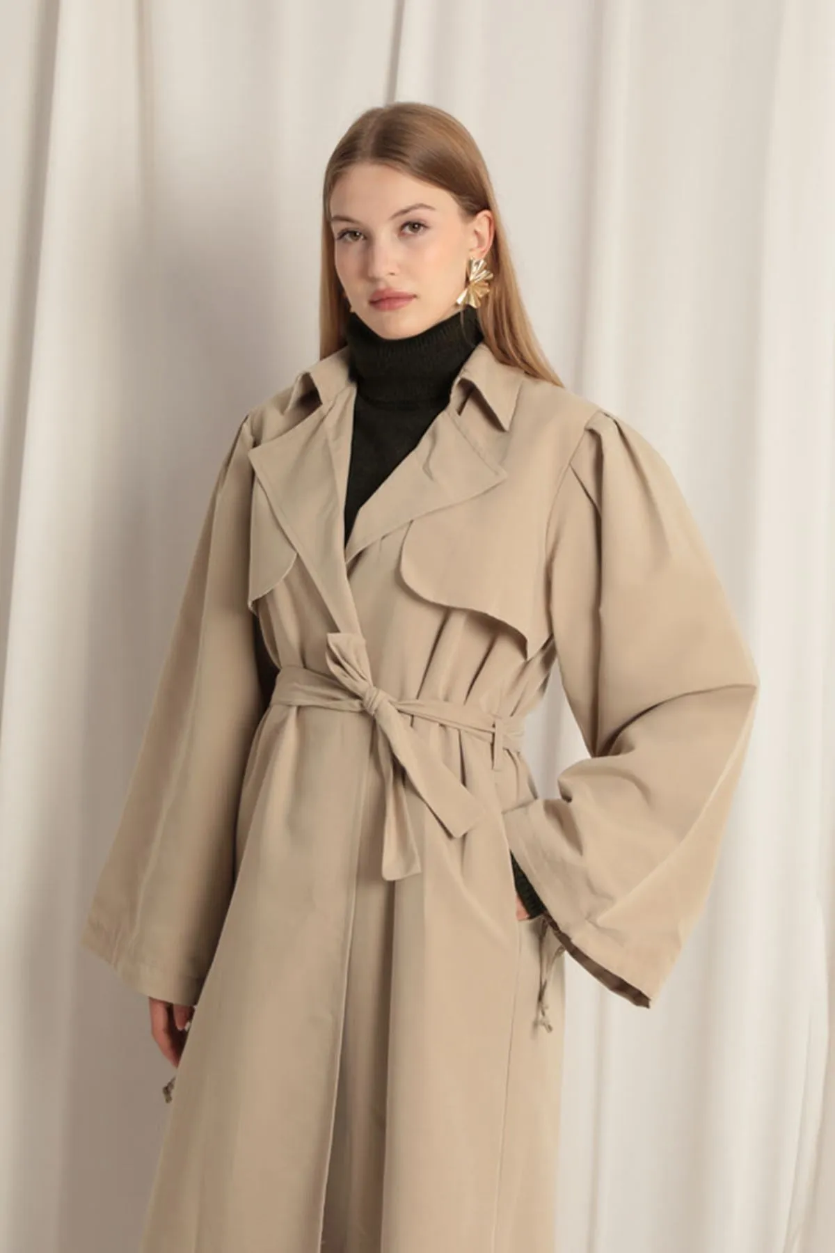 Woven Fabric Liquid Proof Women's Stone Trench Coat