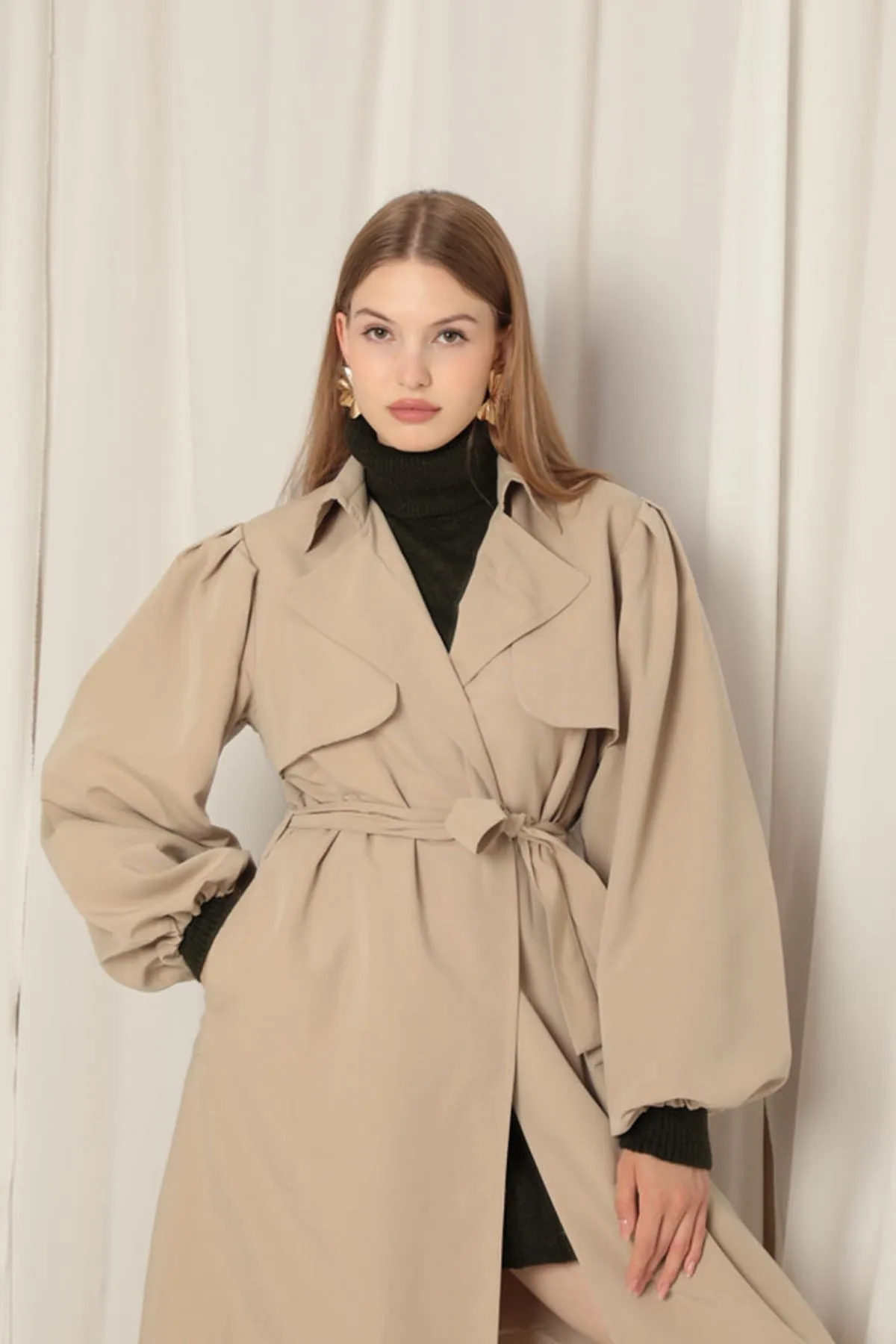 Woven Fabric Liquid Proof Women's Stone Trench Coat