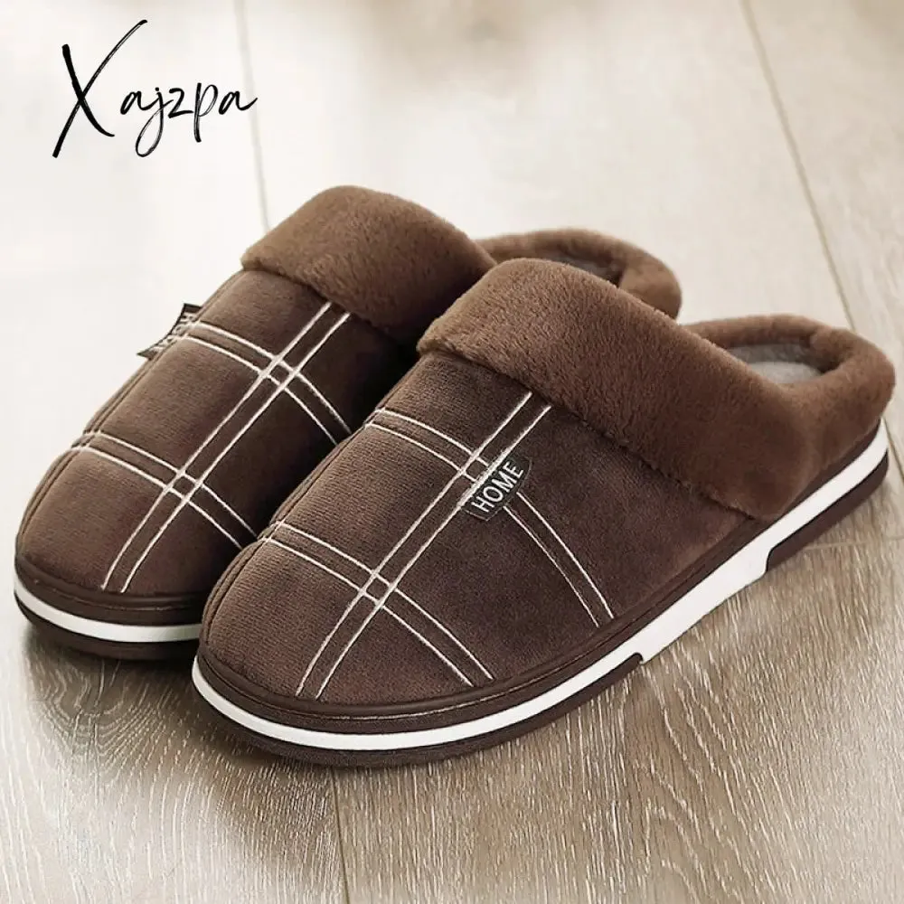 Xajzpa - Plaid Men Shoes Winter Slippers Suede Gingham Plush Velvet Indoor Shoes for Men Warm Home Slippers Non Slip Male slipper