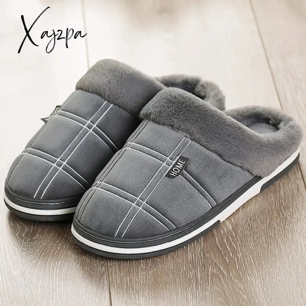 Xajzpa - Plaid Men Shoes Winter Slippers Suede Gingham Plush Velvet Indoor Shoes for Men Warm Home Slippers Non Slip Male slipper