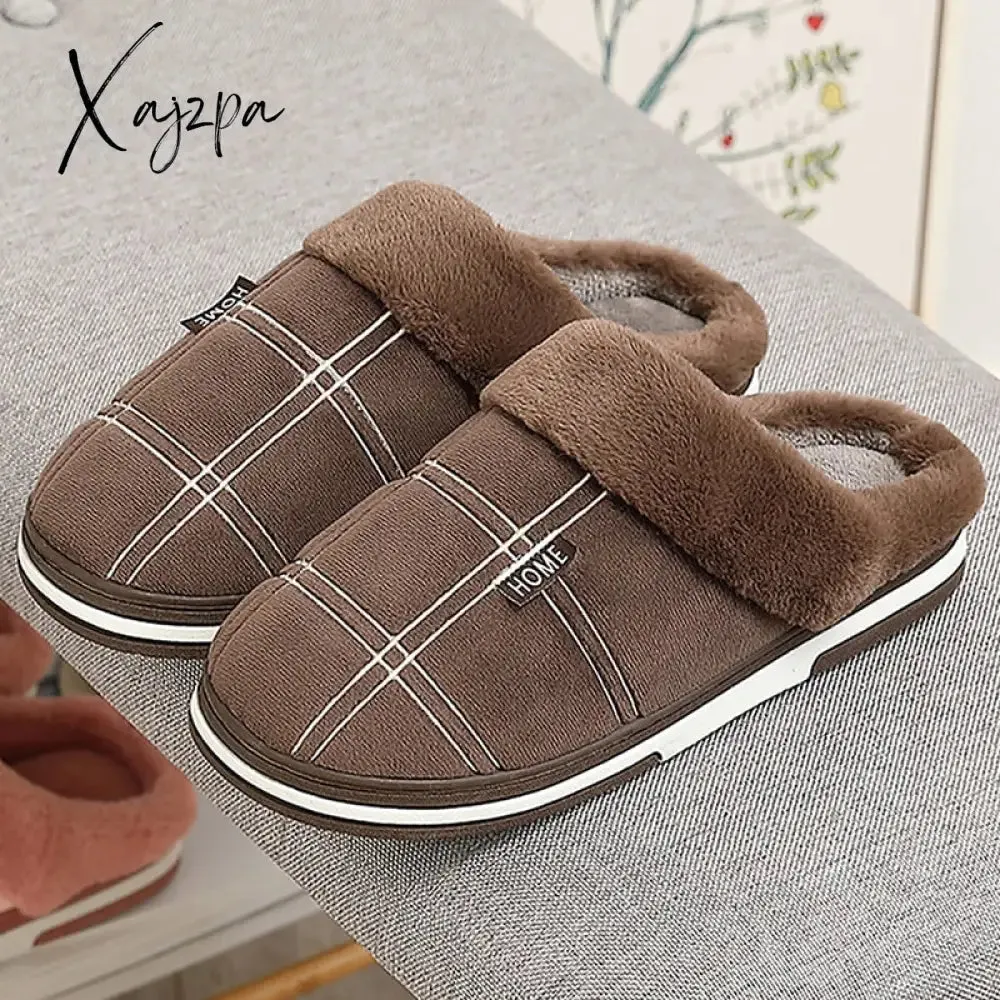 Xajzpa - Winter warm slippers men Suede Gingham Short plush Indoor shoes for male Non slip Cozy Velvet Waterproof Fur home men slippers