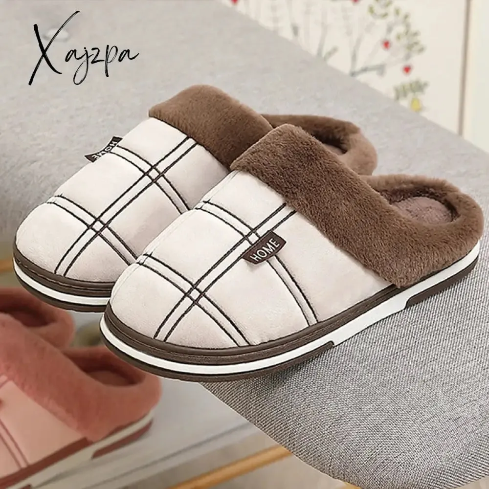 Xajzpa - Winter warm slippers men Suede Gingham Short plush Indoor shoes for male Non slip Cozy Velvet Waterproof Fur home men slippers