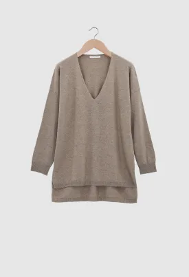 YARA - 12gg Cashmere V-Neck Sweater in Undyed Light Brown